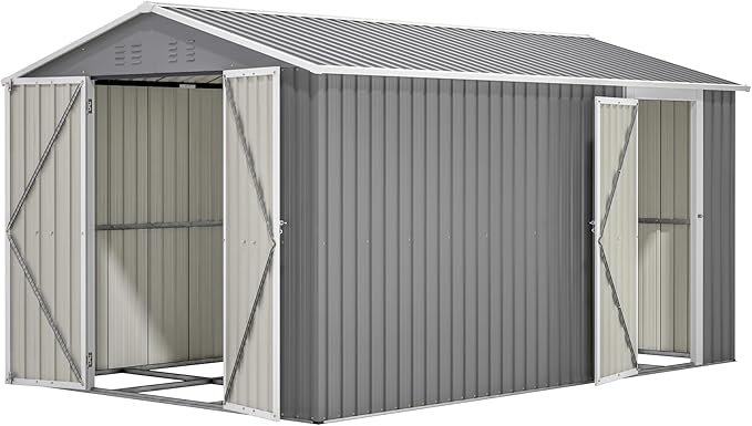 8x12 FT Sheds & Outdoor Storage with Double Doors & Floor Frame Heavy-Duty Metal Outdoor Storage Shed With Vents, Sloping Roof Waterproof Tool Sheds Perfect to Store Patio Furniture, Garden Tools Grey