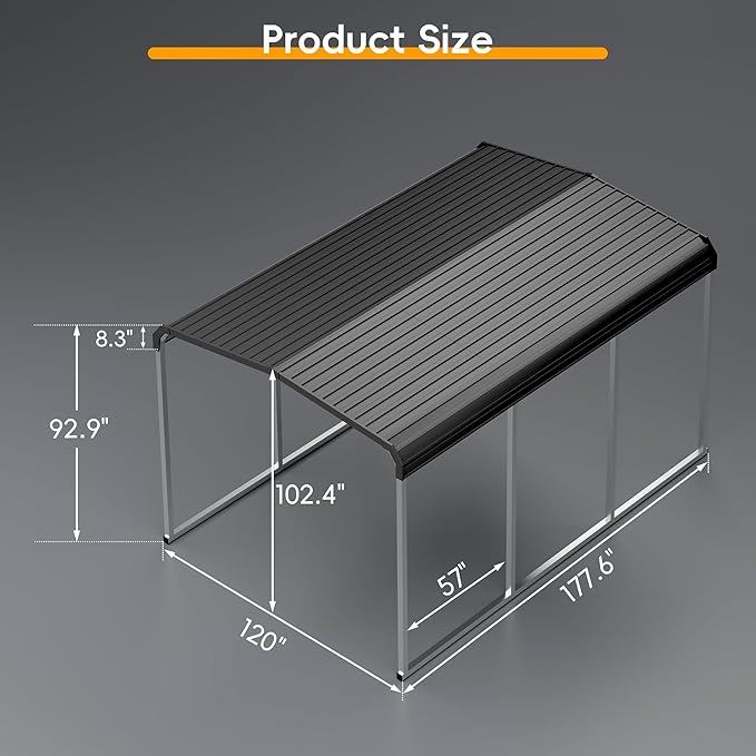 Heavy Duty Metal Carport Kits with Galvanized Steel Roof and Frame, Outdoor Carport Canopy Enhanced Base, Extra Large Car Tent Garage Shelter for Car, SUV, Truck and Boats (10x15 FT, Gray)