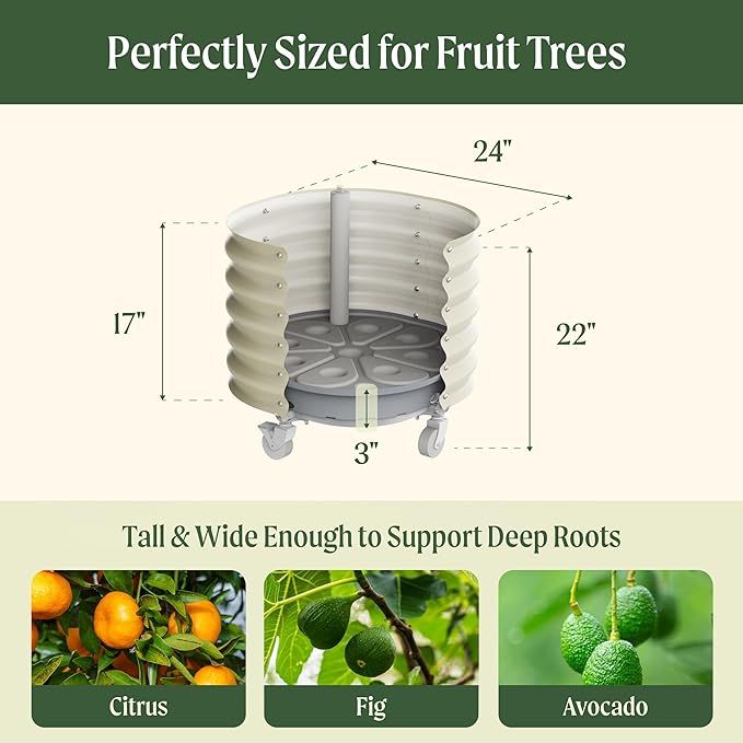 Rolling Metal Citrus Tree Planter, Self-Watering Round Planter Box for Porch Patio & Backyard, Raised Garden Bed with Wheels for Growing Trees Tomatoes Vegetables and Flowers, Twin Pack-Olive Green