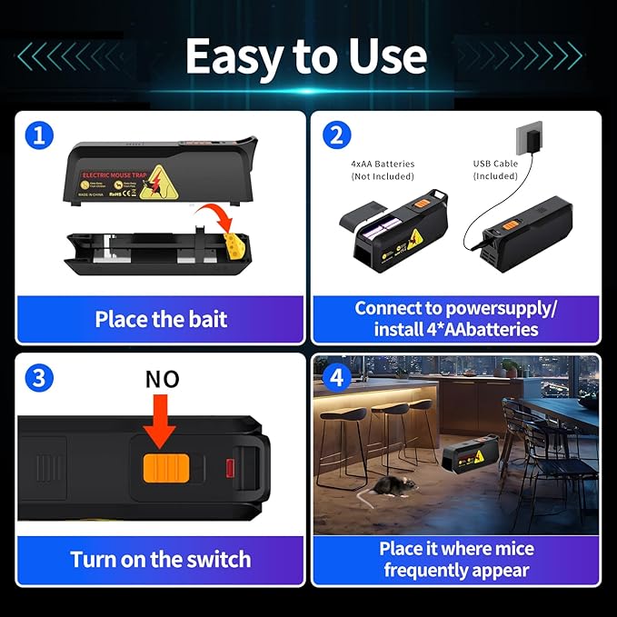 2 Pack Electronic Mouse Trap, Effective Electric Mouse Trap Zapper with Pet-Safe Design and No-Touch Disposal, High-Power Indoor Rodent and Mice Trap for Home, Kitchen, Garage, Attic(Black)