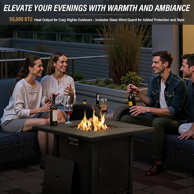 Belord 7-Piece Modern Brown Patio Conversation Set - 4 Swivel Glider Chairs & 50,000 BTU Propane Fire Table