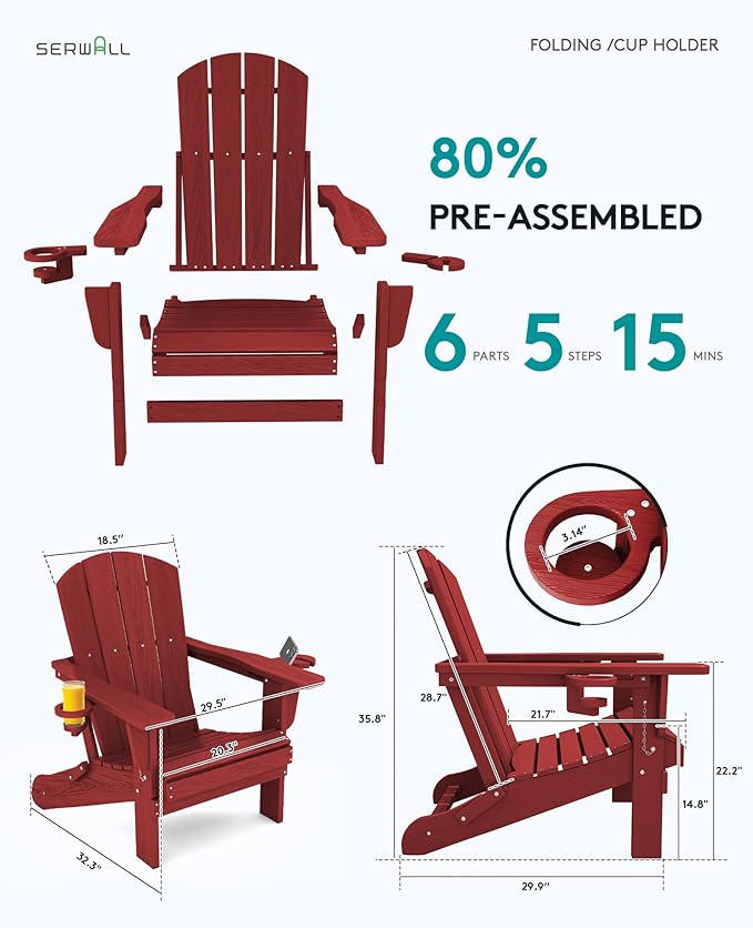 SERWALL Adirondack Chair with Cup Holders - Composite Adirondack Chairs Set of 6 HDPE Outdoor Chairs All Weather Use- Dark Red