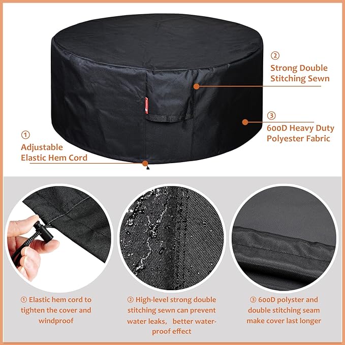 SheeChung Fire Pit Cover Round 34”D X 15”H,Heavy Duty 600D Polyester with PVC Coating Material,Waterproof Firepit Covers,Outdoor Fireplace Cover, Fits Patio Fire Pit Bowl