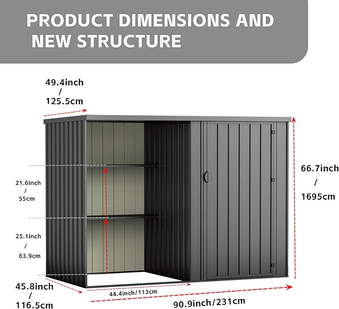 2 in 1 Metal Outdoor Storage Shed with Firewood Rack, 8×4 FT Lockable Waterproof Garden Tool Shed with Shelves, Open & Enclosed Dual-Storage Backyard Patio Shed with Sloped Roof (No Floor)