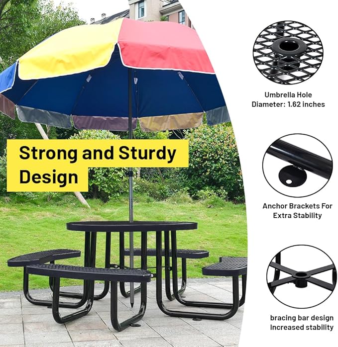 Rueekfil 46" Thermoplastic Picnic Table with Umbrella Hole up to 1.5", Heavy Duty Commercial Picnic Table for Outdoor, Family & Party Ready for School Camping, Round, Black