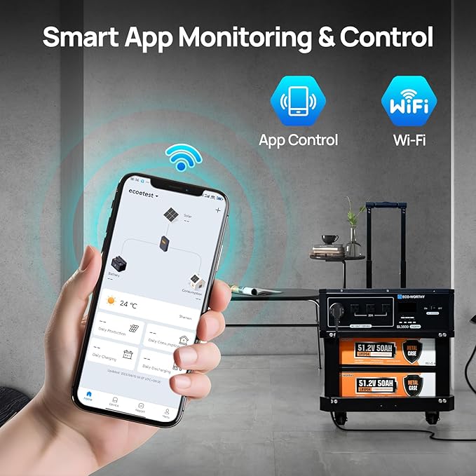 ECO-WORTHY SL3500 Stackable Power Station Solar Inverter AC 3500W Output,5120Wh LiFePO4 Battery with BMS,Movable Portable Stand with Expandable Tiers for Home Backup,Emergency,Solar System Components