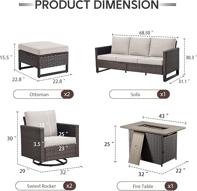 6 Piece Wicker Patio Furniture with Fire Pit Table - Outdoor Conversation Set with 50,000 BTU Fire Pit, All Weather Rattan Patio Set for Deck Backyard Garden - Brown Wicker Beige Cushion