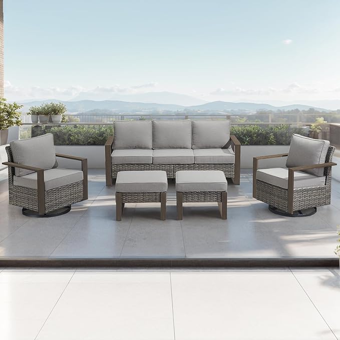 Rilyson Outdoor Wicker Patio Furniture Set - 5 Piece Patio Conversation Set with 2 Wicker Swivel Rocker Chairs,2 Rattan Ottoman and 1 Couch,Thick Cushions,Deep Seating,Wide Armrest(Mixed Grey/Grey)