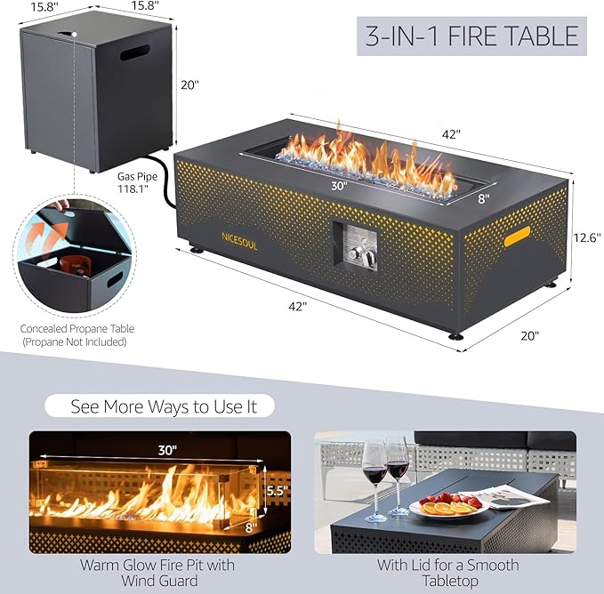 NICESOUL 42'' Outdoor Propane/Natural Gas Fire Pit Table, Rectangle Patio Firepits with Hidden Tank Table, 50000 BTU Modern Fireplace with LED Star Light for Outside Backyard, CSA Certified, Gray