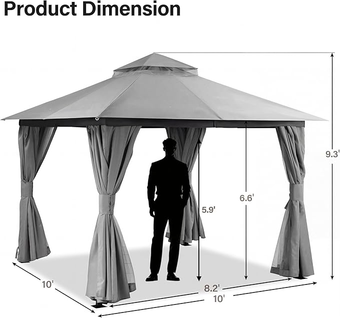 LAUSAINT HOME Outdoor Patio Gazebo 10'x10' with Expansion Bolts, Heavy Duty Party Tent & Shelter with Double Roofs, Mosquito Nettings and Privacy Screens for Backyard (Grey)
