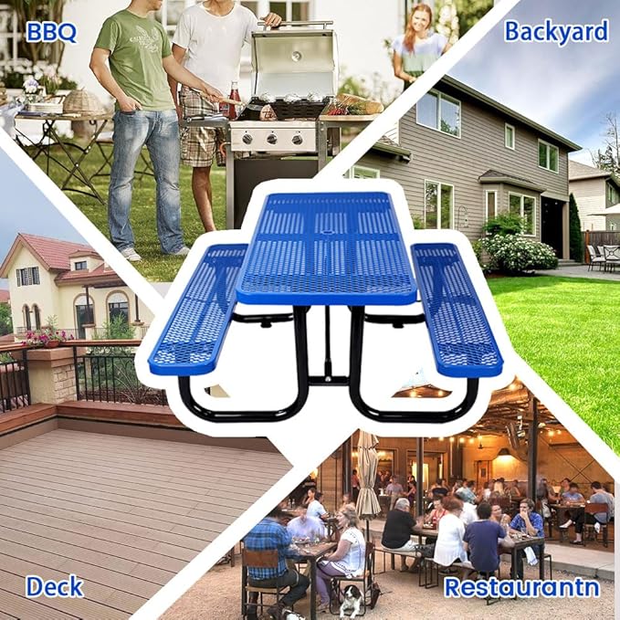 KUFUH 72" Rectangular Metal Picnic Table for 4-8 Person, Durable Heavy Duty Commercial Picnic Table with Umbrella Hole for Outdoor Coffee Shop, School, Hospital, Easy to Install, Blue