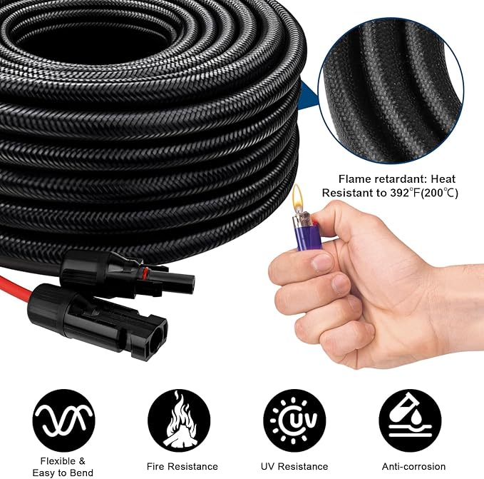 Solar Panel Extension Cable - 10AWG 15FT Solar Wire with Waterproof Female & Male Connector, Flame Retardant Protective Sleeving PV Wire for RV, Photovoltaic Systems, Home, Boat, Car