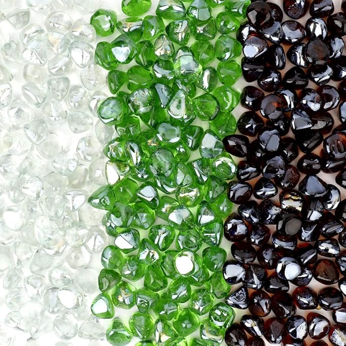 Stanbroil 10-Pound Blended Fire Glass Diamonds - 1/2 inch Fire Glass Blended Emerald Green, Crystal Ice, Amber Luster for Indoor and Outdoor Gas Fire Pits and Fireplaces