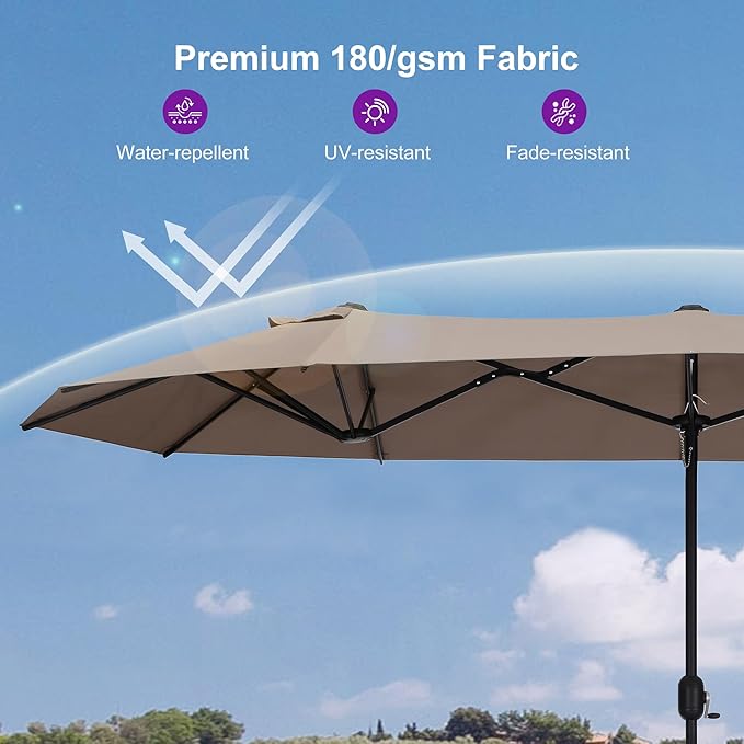 PURPLE LEAF 14ft Patio Market Umbrella with Base Double-Sided Rectangle Outdoor Table Sun Umbrellas with Crank 12 Heavy Duty Sturdy Ribs for Pool Beach Deck Backyard Taupe