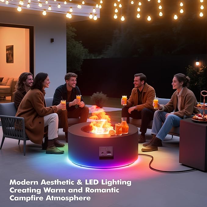 30" Round Propane Fire Pit Table - 50K BTU with Lid, Rocks Tank Storage and Cover - Round Gas Fire Pits for Outside Patio - Outdoor Table with Firepit (Gray/RGB Light, 30" Round)