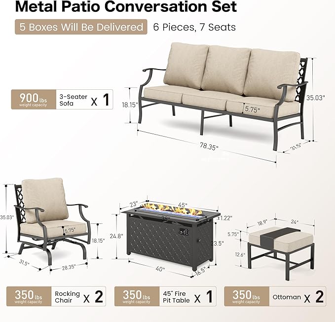SUNSHINE VALLEY Patio Furniture Set with Firepit Table, Metal Outdoor Patio Furniture, 2 Rocking Chairs, 3 Seater Sofa, 2 Ottomans with 5.75" Extra Thick Cushion and Gas Firepit Table for Backyard
