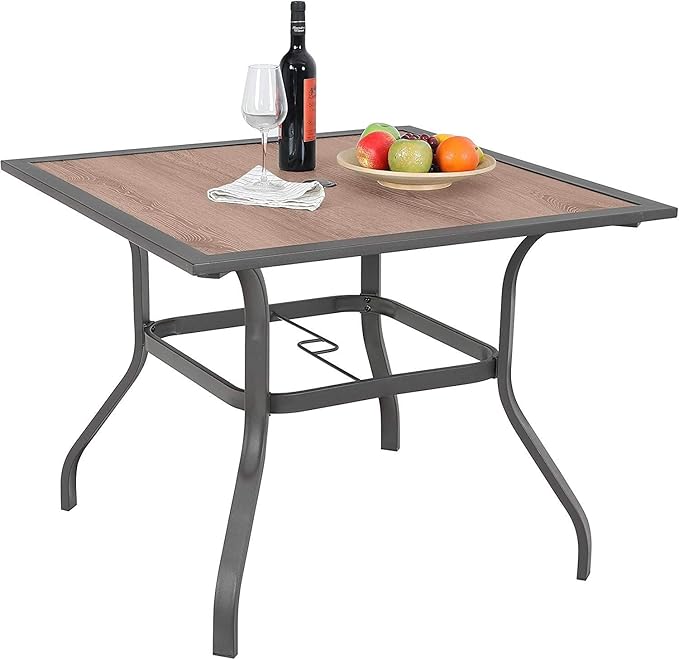 Sophia & William Square Patio Dining Table with 1.57" Umbrella Hole, Outdoor Table with Imitation Wood Tabletop and Brown Metal Steel Frame, for Lawn Garden Backyard, L37 X W37 X H28