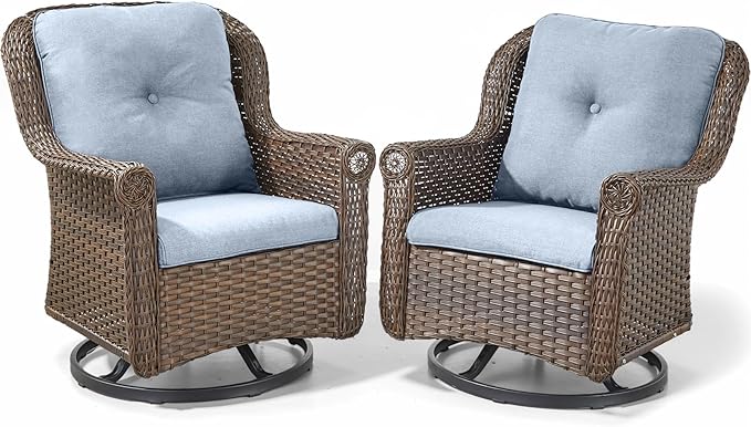 Patio Chairs Outdoor Swivel Glider - Set of 2 High Back Outside Brown Wicker Rattan Rocking Chair with Thick Cushion for Porch Apartment Deck Yard Poolside Garden - Baby Blue