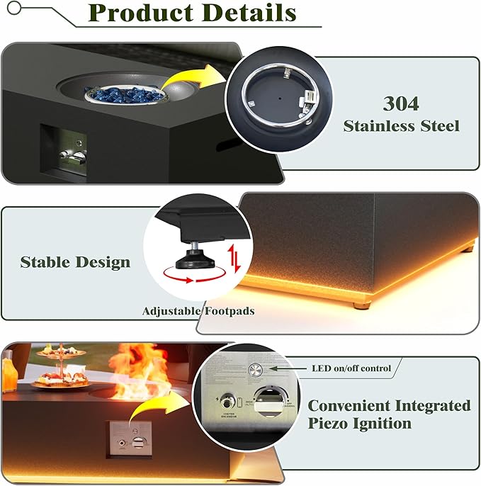 Dineli 2-Piece Outdoor Propane Fire Pit Table Set w Tank Table 48'' Rectangular Firepit Gas Fire Pits for Outside Patio Tabletop Fire Pits w LED, 50,000 BTU (Black with Warmlight)