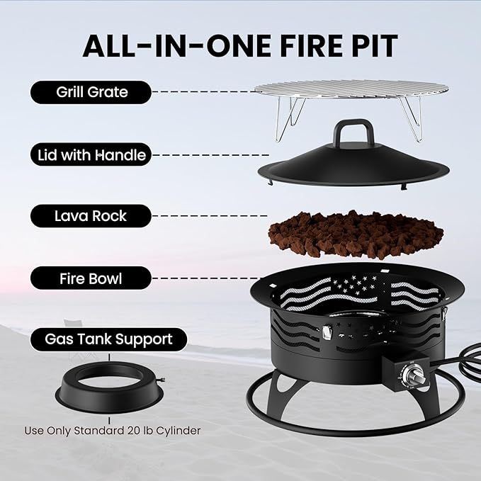 24 Inch Propane Fire Pit, Portable Gas Fire Pit Bowl for Outside, 60,000 BTU Smokeless Outdoor Firepit with Lid & Grill Grate for Patio, Yard, Gardenn, Camping