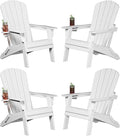 Plawdlik Folding Adirondack Chair, SGS Tested, Wooden Textured with Cup Holder, Heavy All-Weather HDPE Comfortable Set Poolside Backyard Lawn White Set 4