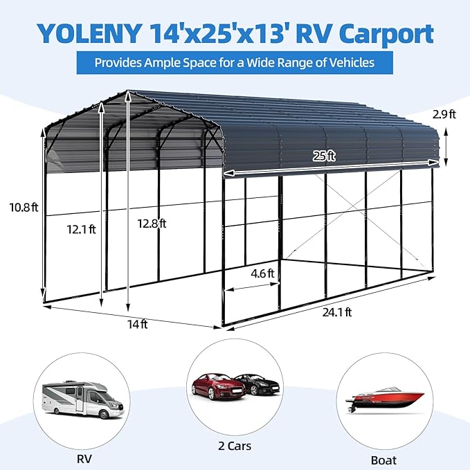 YOLENY 14x25 FT RV Carport, Heavy Duty Metal Carport with Reinforced Metal Frame & Galvanized Roof, Weather-Resistant Car Shelter for RV, Cars, Trucks, Boats, SUVs, and Tractors, Gray