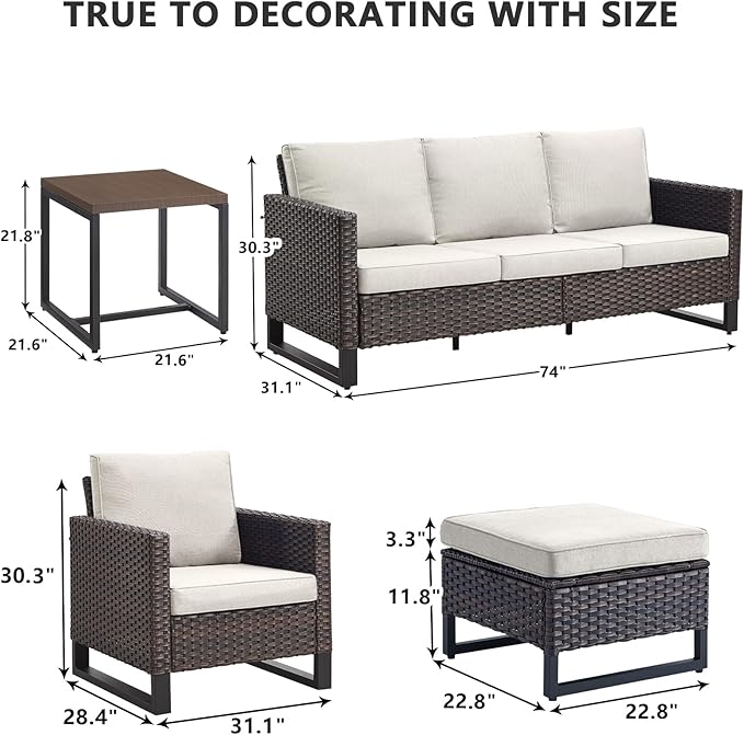 HUMMUH 6 Piece Patio Furniture Outdoor Sectional Sofa Set All-Weather Wicker Outdoor Chairs with End Table Ottomans for Patio,Porch,Garden,Backyard