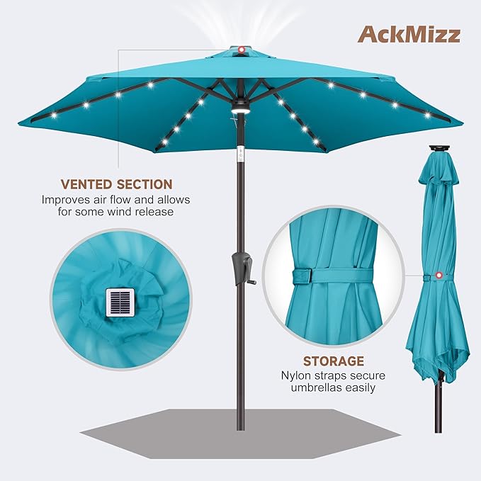 7.5ft Solar Umbrella Outdoor - Lighted Patio Umbrella with 24 LED Lights Waterprool Uv Protection, Table Umbrella with Tilt & Crank for Pool, Porch, Garden, Deck, Backyard(Sky Blue)