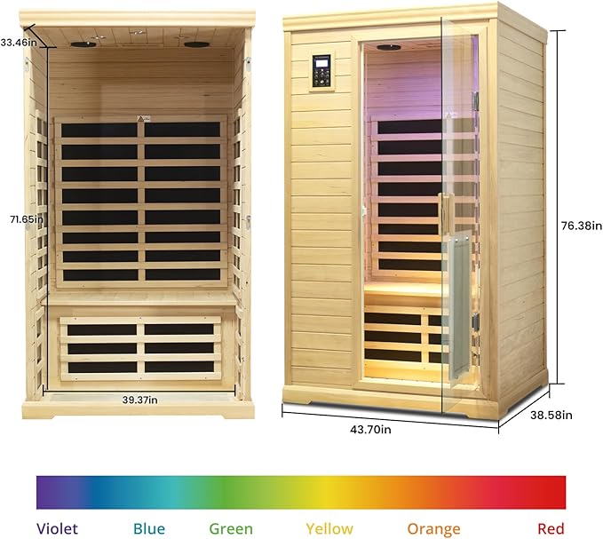 2 Person Far Infrared Sauna,Low EMF Far Infrared Sauna, Wooden Canadian Hemlock Indoor Spa Sauna 1750W Indoor Sauna with Tempered Glass Door/Speakers/Air Hole and LED Lighting/Colorful Lights
