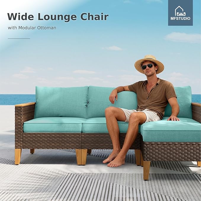 MFSTUDIO 3 Pieces Extra Large Extra Large Wicker Patio Furniture Set, Outdoor Rattan 3-Seater Patio Sofa Set Patio Conversation Couch Set for Garden, Poolside, Backyard(Aqua Blue Cushion)
