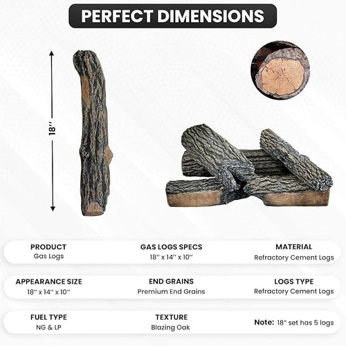 18" Premium Gas Logs - for Vented Fireplaces, Natural Gas or Liquid Propane - Blazing Oak Design (Logs Only)