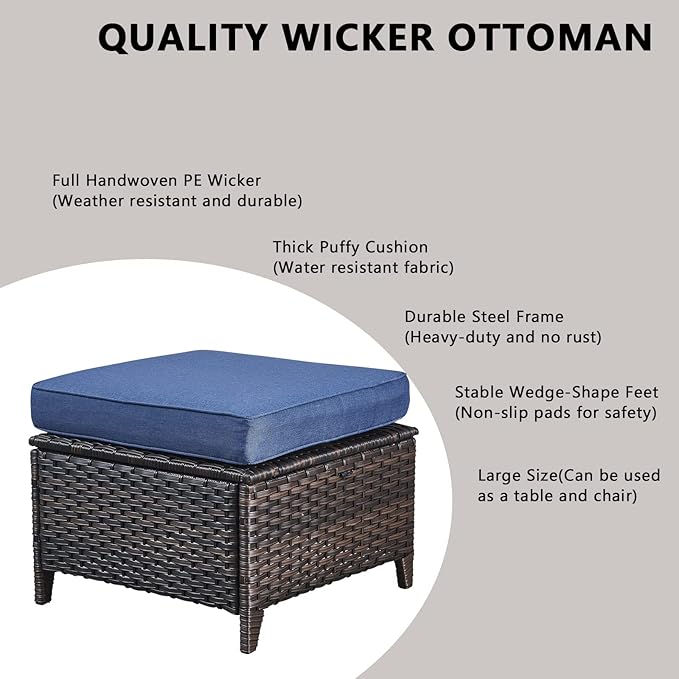 Rilyson Wicker Outdoor Patio Furniture Set - 5 Piece Patio Conversation Sets with Swivel Rocker Chairs, Ottomans and Side Table, 6 inch Cushions, Waterproof Wicker, for Porch Deck Brown/Blue