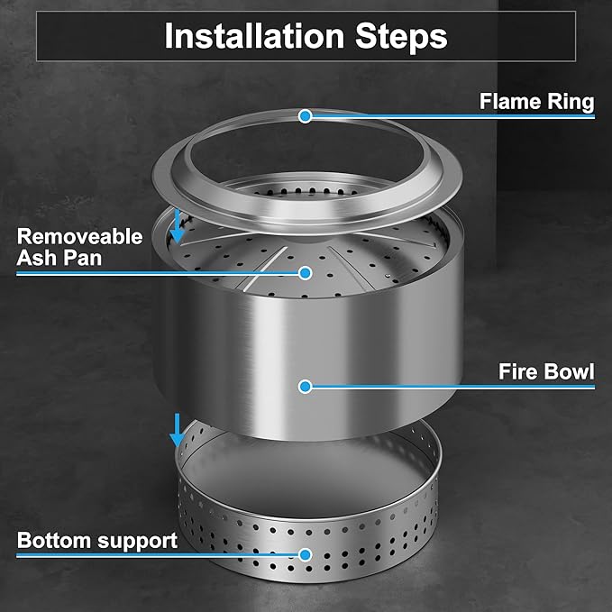19.5 inch Smokeless FirePit with Waterproof Bag & Poker, Stainless Steel Outdoor Smokeless Fire Pit, Wood Burning Fire Pit for Patio, Camping, Backyard