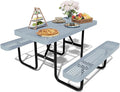 HIMcup 48'' Rectangular Steel Picnic Table for Outdoors,Commercial Metal Picnic Table Bench Set with Umbrella Hole,School Canteen Table W/Seats - Heavy Duty Sturdy Picnic Tables for Patio Garden