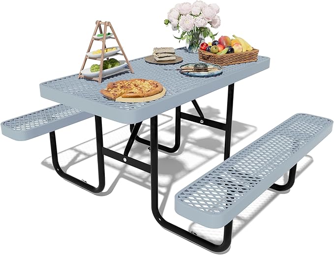 HIMcup 48'' Rectangular Steel Picnic Table for Outdoors,Commercial Metal Picnic Table Bench Set with Umbrella Hole,School Canteen Table W/Seats - Heavy Duty Sturdy Picnic Tables for Patio Garden