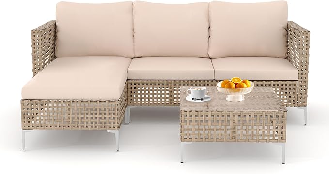 Patio Furniture Set, Outdoor Couch with Glass Coffee Table&Thick Cushion, Wicker Chaise Longue Sofa Set, All-Weather PE Rattan Conversation Set for Garden, Deck, Poolside(3pcs Yellow&Beige)