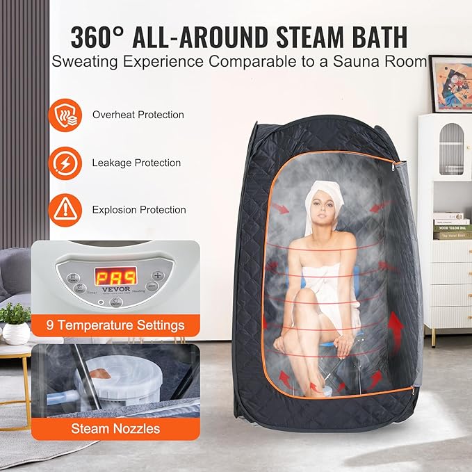 VEVOR Compact Portable Steam Sauna Tent, 1200W Sauna with Chair & Storage Bag, Home Sauna Tent for Detox Relaxation, Time & Temperature Remote Control Personal Sauna for Home, 2.6’x 2.6’x 4.3’