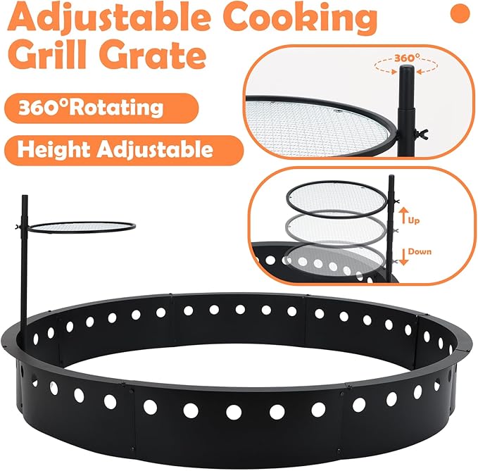 60 Inch Smokeless Fire Pit Ring with Grill Fire Ring for Outside Heavy Duty Metal Firepit Insert Round Steel Large Above/In-Ground Camping Firepit for Outdoor Camping Patio Picnic BBQ Garden