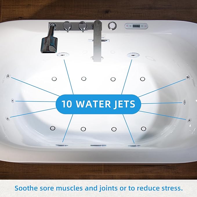 WOODBRIDGE 72" x 35-3/8" Whirlpool and Air Bath Heated Soaking Combination Tub with Adjustable Speed Air Blower, Tub Filler and Display Control Panel, White,BJ-600+F0041