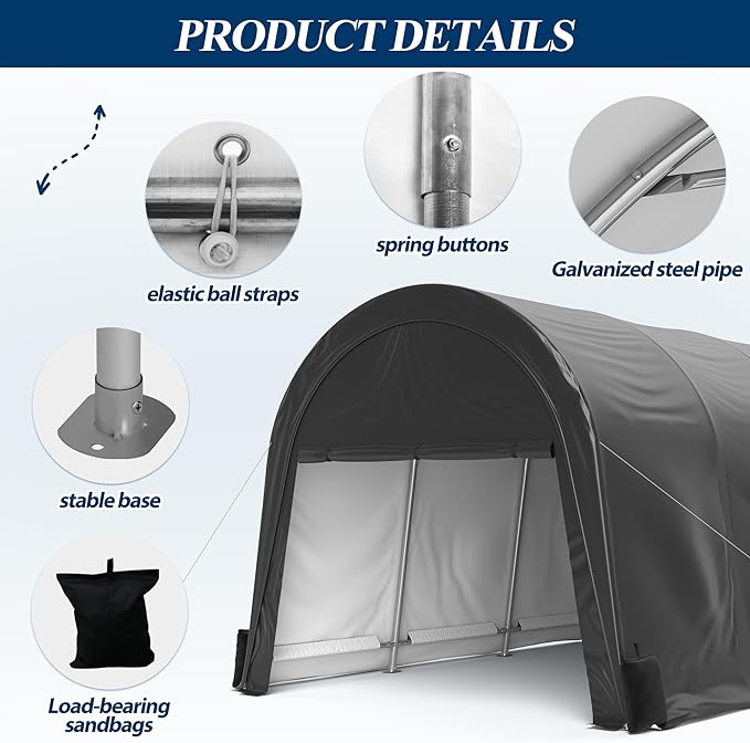 COVERONICS 12x20 FT Carpot, Round Portable Garage,Carport Canopy with Galvanized Steel Metal Frame & Vents, Round Style Outdoor Storage Shed for Car, Truck, Boat, Patio Furniture Anti-Snow Waterproof
