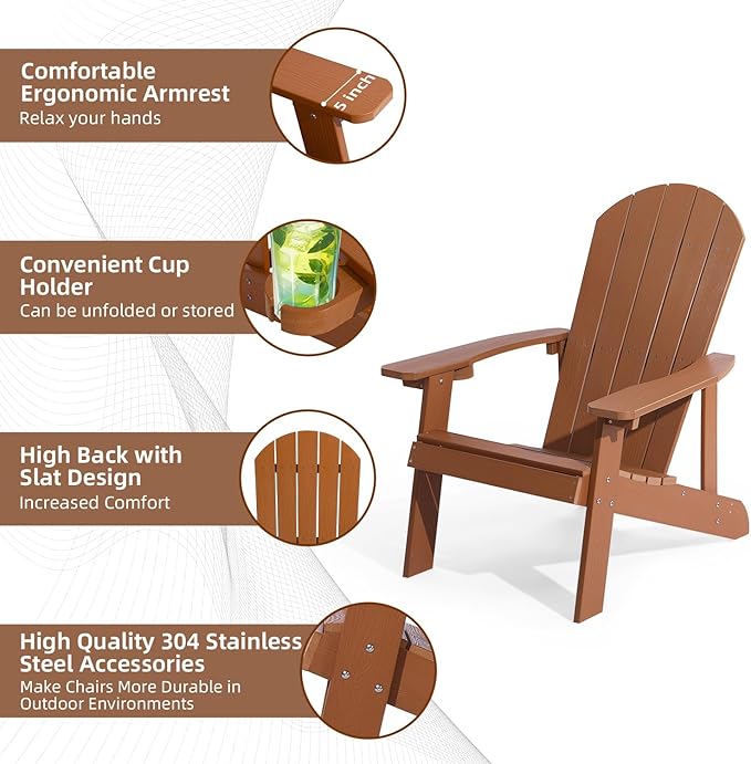 Adirondack Chairs Set of 4, All Weather Resistant Plastic Chairs with Cup Holder, 5 Easy Steps to Install, Outdoor Chairs for Patio, Garden, Backyard Deck, Lawn, Fire Pit - Teak