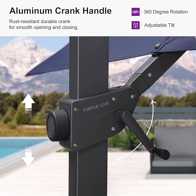 PURPLE LEAF 10' × 13' Patio Cantilever Umbrella with Base Outdoor Rectangle Adjustable Offset Umbrellas with 360-degree Rotation and 8 Heavy Duty Metal Ribs for Garden Deck Pool Navy Blue