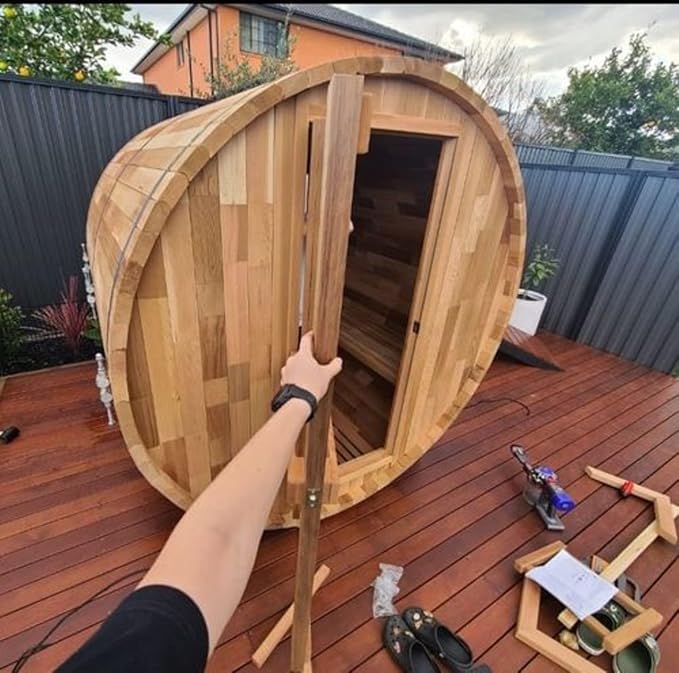Smartmak Outdoor Wood Barrel Sauna Room, 6 Person Canadian Hemlock Traditional Wooden Steam Saunas with Canopy, 220V Steam Spa with 6kw Heater, Rocks, Water Bucket, Spoon, Light,195℉