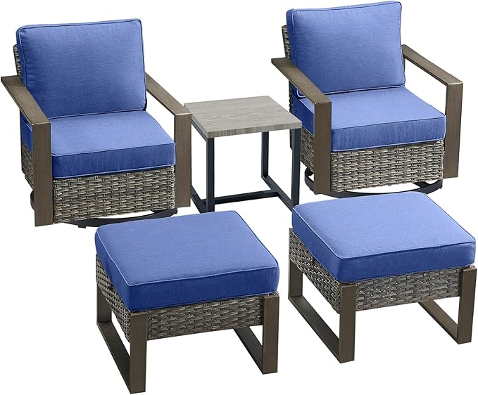 Rilyson Outdoor Wicker Patio Furniture Set - 5 Piece Patio Conversation Set with 2 Wicker Swivel Rocker Chairs,2 Ottoman, 1 Side Table, Thick Cushions, Deep Seating, Wide Armrest(Mixed Grey/Blue)