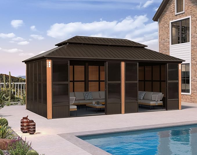 PURPLE LEAF 12' X 20' Outdoor Sunroom Hardtop Gazebo with Enclosed Solarium Galvanized Metal Roofs Patio Wood Grain Aluminum Frame with Screens and Doors for Hot Tub Garden House Bronze