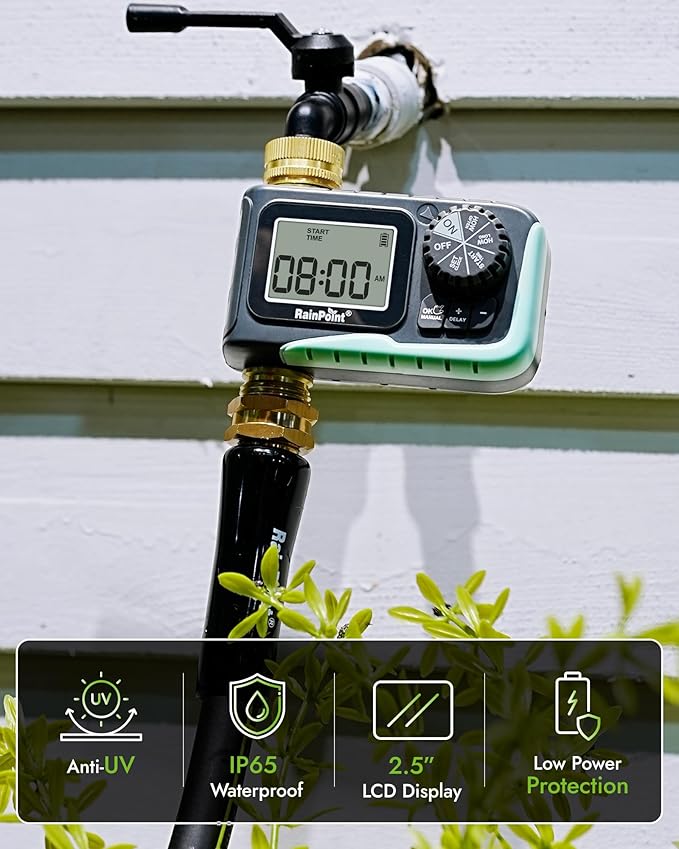 RAINPOINT Sprinkler Timer, 100% Metal Pipe Water Timer for Garden Hose, Programmable Hose Controller for Watering, Sprinkler Controller with Manual Watering/Rain Delay for Outdoor Lawn & Garden 1 Zone