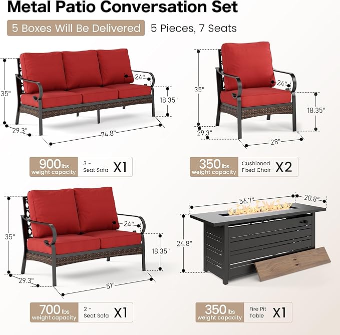 SUNSHINE VALLEY 5 Piece Metal Outdoor Patio Furniture Sets with Firepit Table, Patio Conversation Sets 1 3-Seater Sofa, 1 Loveseat, 2 Single Sofa with 5.75" Cushion for Backyard Deck, Rust Red