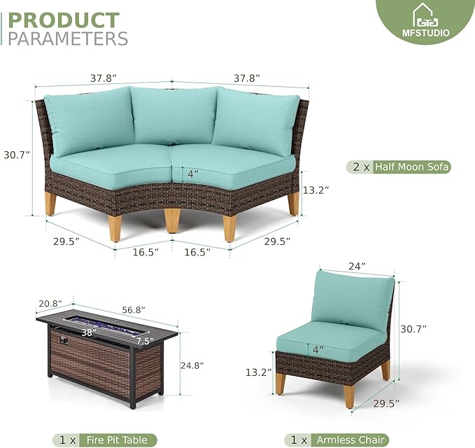 MFSTUDIO 6 Pieces Wicker Patio Furniture Set with 56" Fire Pit Table, Extra Large Rattan Patio Conversation Set Outdoor Half-Moon Sectional Sofa Set, 4 x Curved Sofa, 1 x Armless Couch(Aqua Blue)