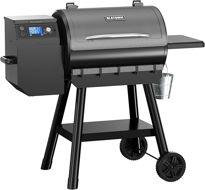 LCD Control Wood Pellet Smoker Grill, 456 SQ. IN Cook Area, Pellet Grill with Auto Feed & Leaking Waste, 500°F Max Temperature, 8 in 1 BBQ Grill with Meat Probe, Side Table with Hooks(Black)