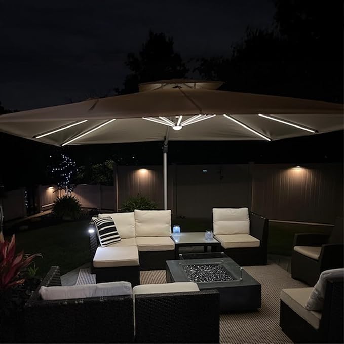 PURPLE LEAF 12 Feet Double Top Deluxe Solar Powered LED Square Patio Umbrella Light Patio Umbrella Outdoor Cantilever Umbrella with Lights, Beige